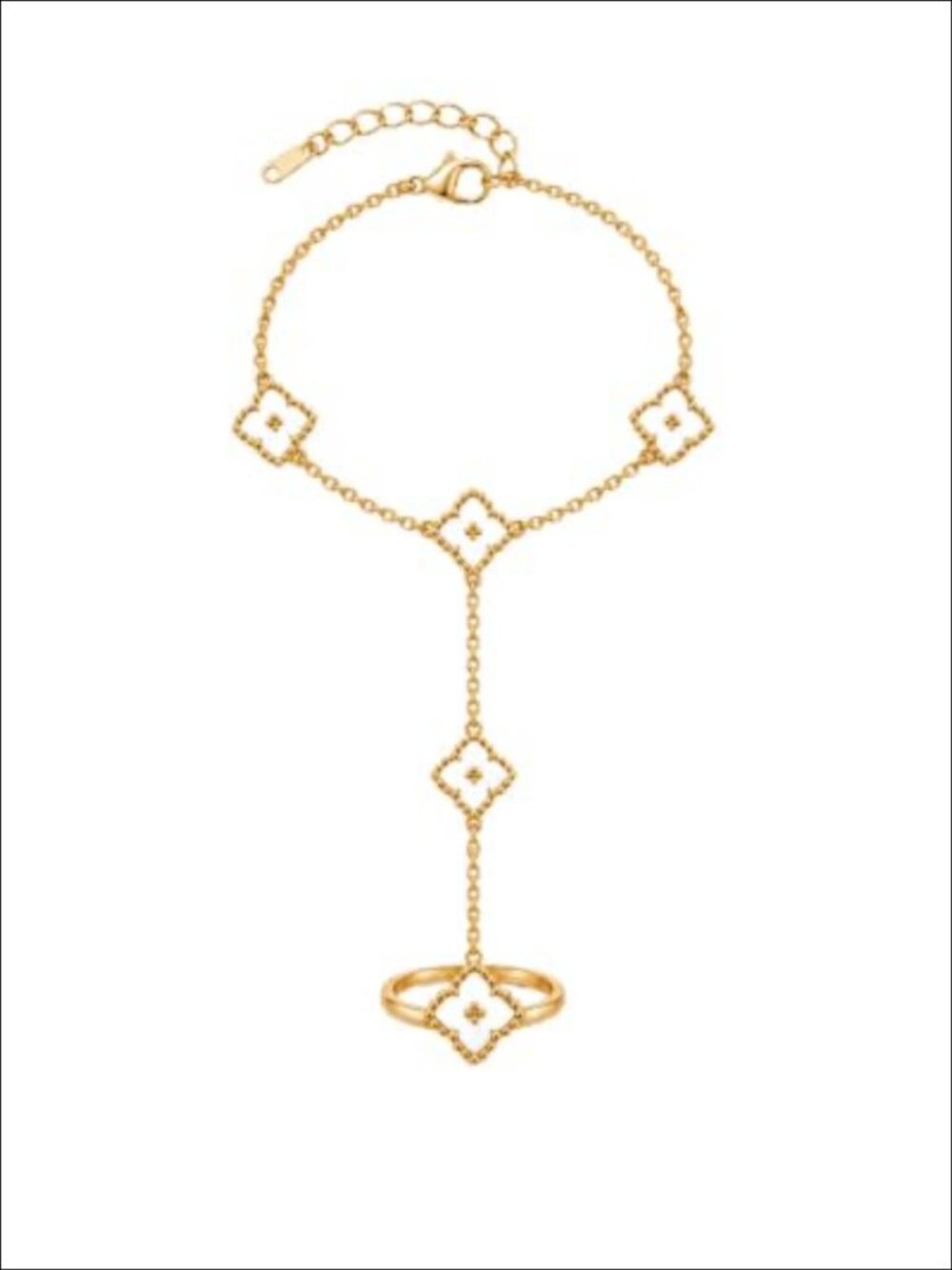 14K Gold Plated Hand Chain Bracelet Ring White Clover Lucky Four Leaf